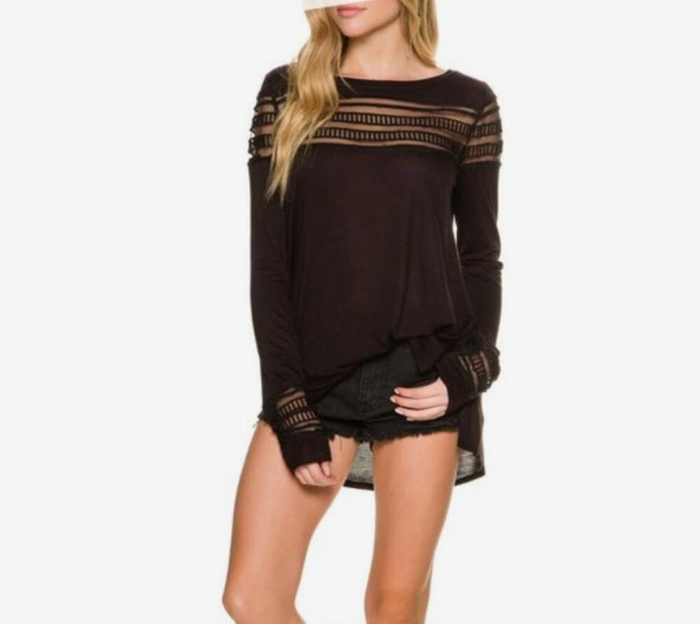 Free People Black Long Sleeve Roxie Mesh Long Sleeve Tee Size XS